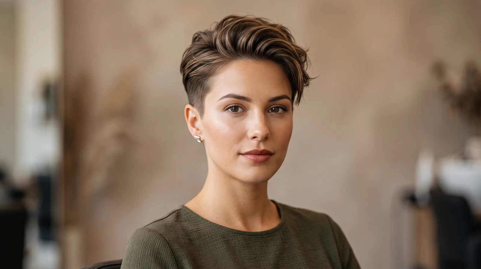 Flat illustration of a woman with a short textured pixie cut and a soft fringe