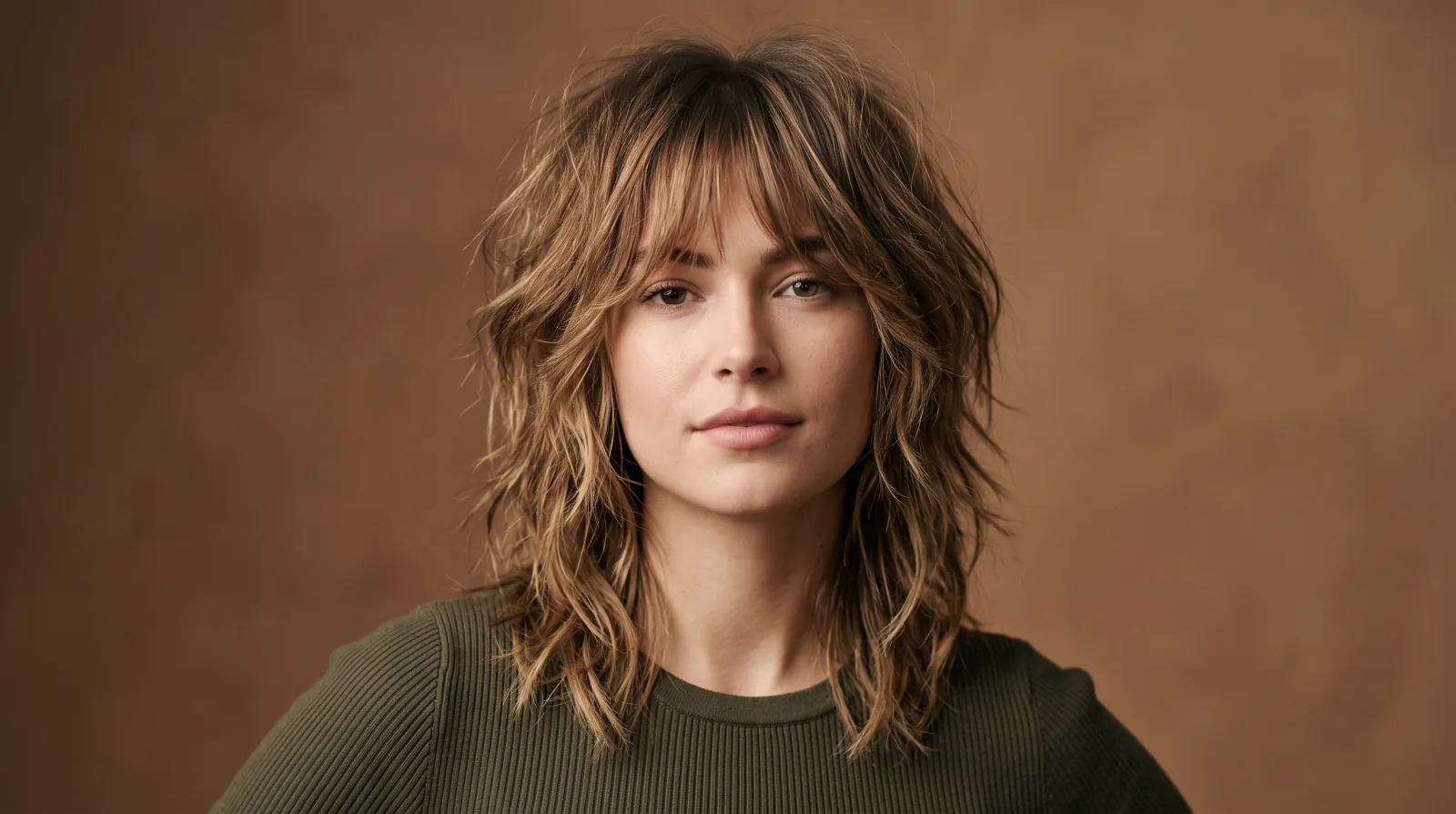 Flat illustration of a woman with a layered shag haircut and feathered ends