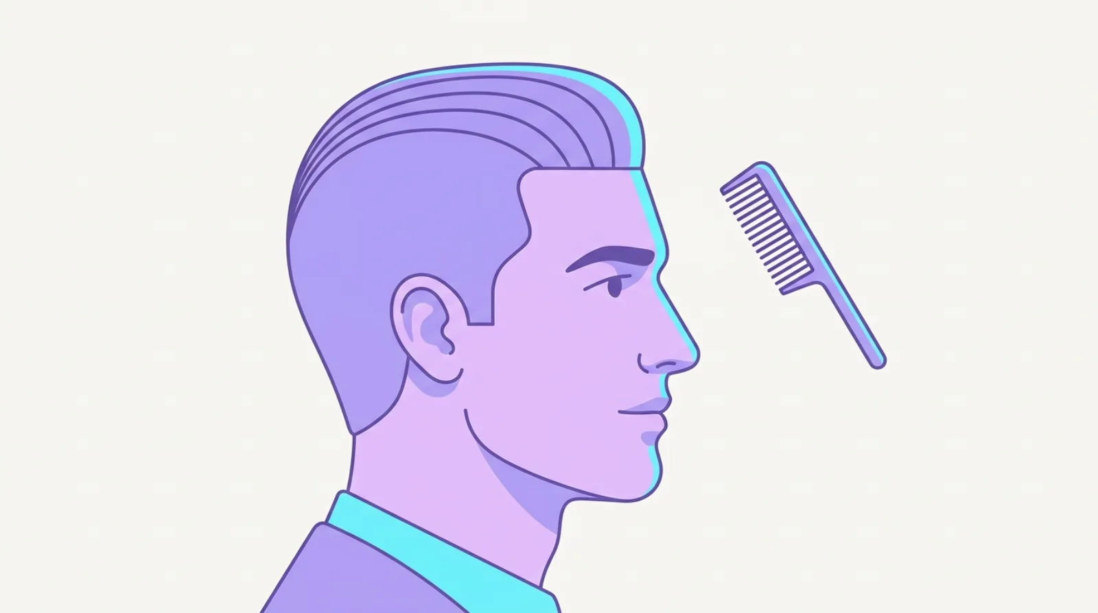 Flat illustration of a man with hair slicked straight back off the forehead