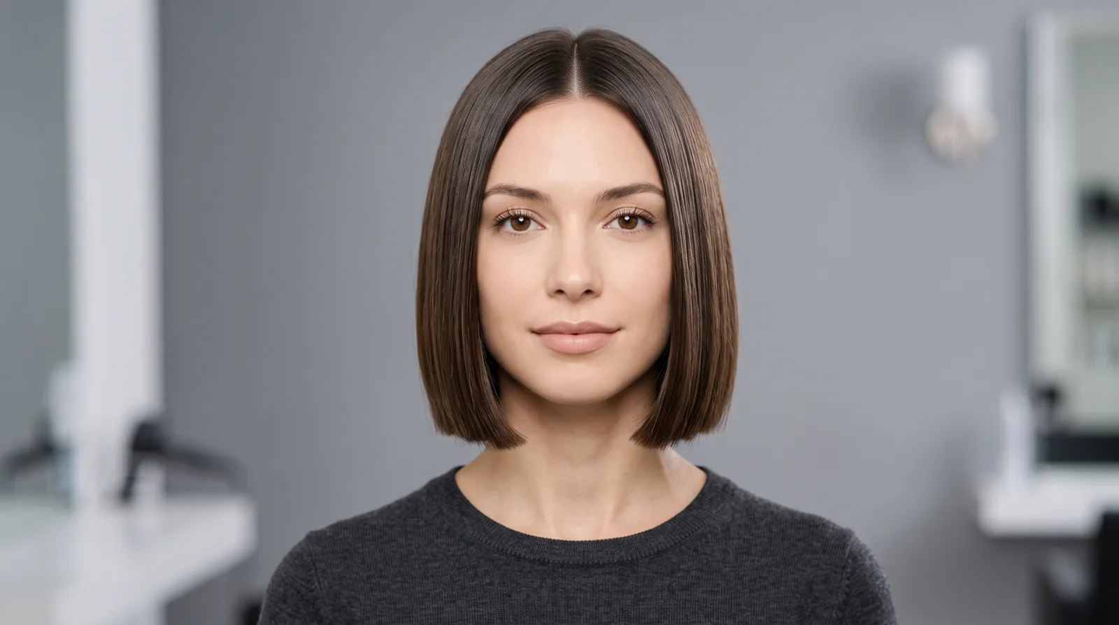 Flat illustration of a woman with a chin-length blunt bob, the ends cut to one clean line at the jaw