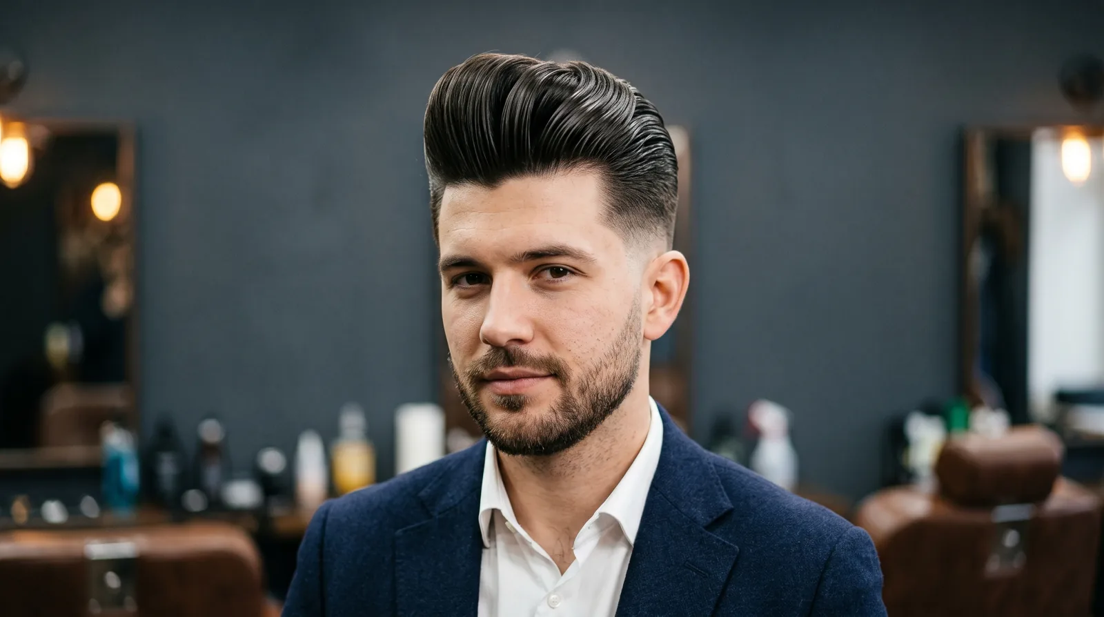Flat illustration of a man with a full pompadour swept up and back