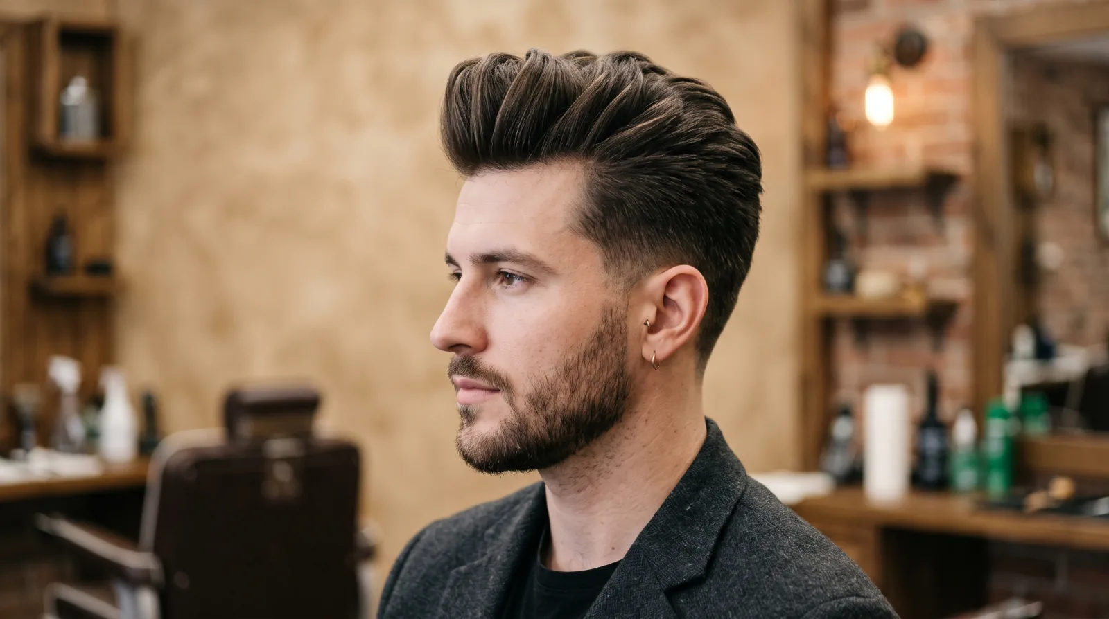 Flat illustration of a man with a textured quiff swept up at the front