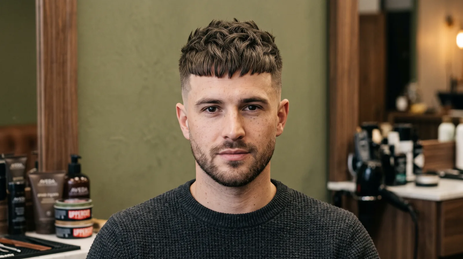 Flat illustration of a man with a short textured crop and a blunt cropped fringe