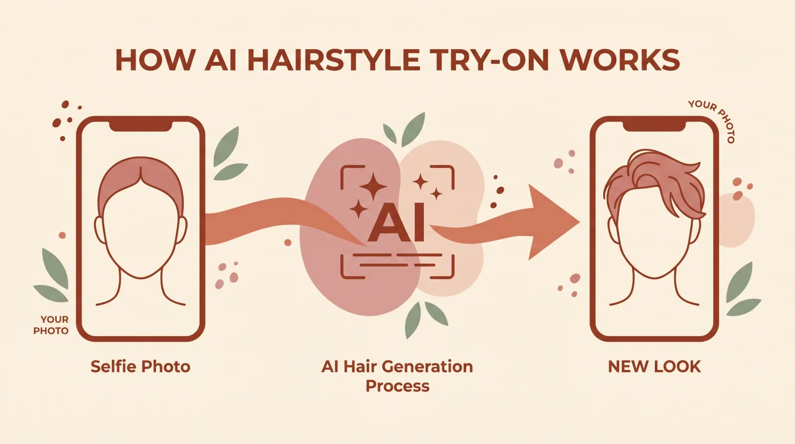 Illustration showing a before and after AI hairstyle render on the same face