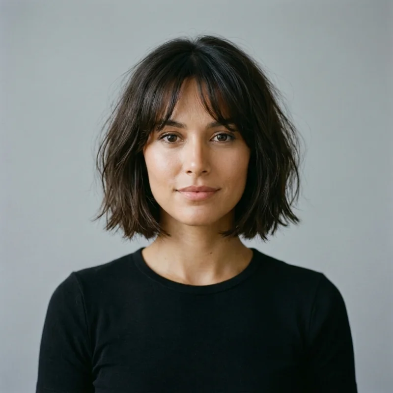 The same woman with a chin-length French bob and curtain bangs rendered onto her photograph