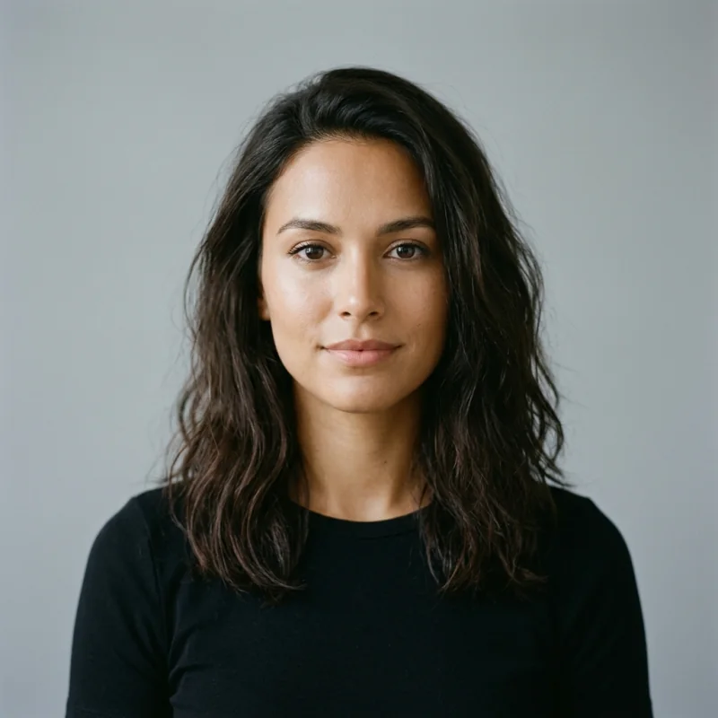A woman with long, loosely wavy dark hair, before the try-on
