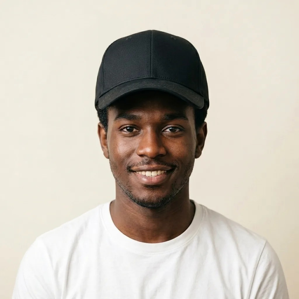 A young man in a plain black baseball cap pulled down over all of his hair