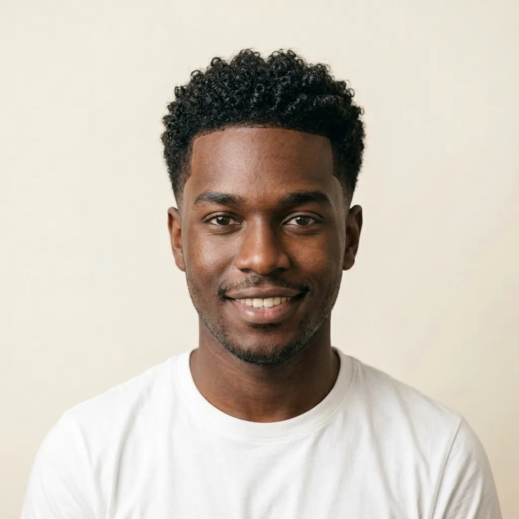 The same young man with short, neatly tapered dark curls