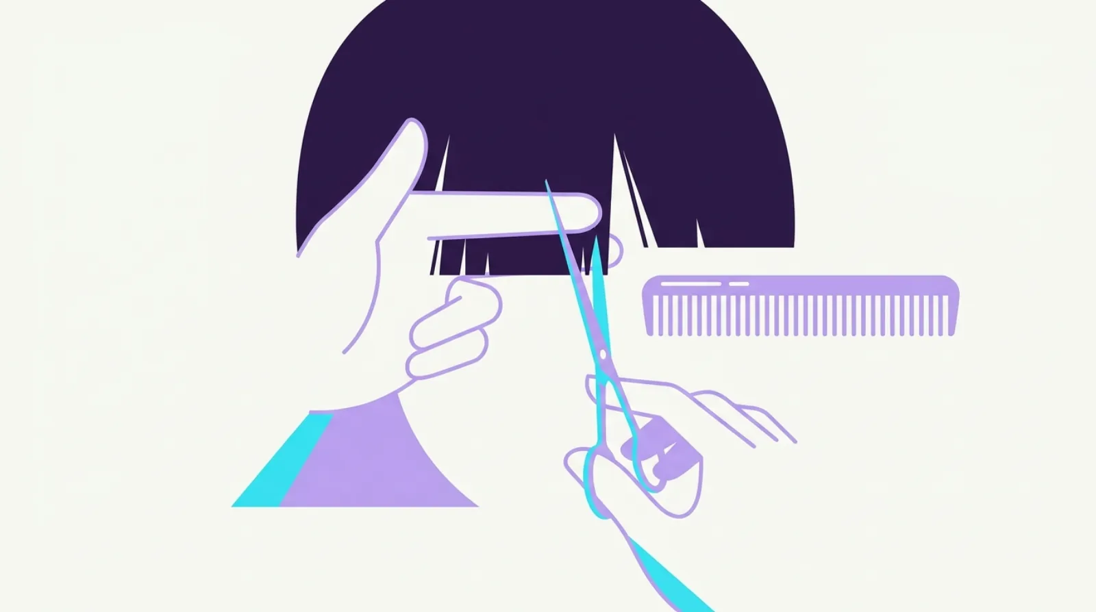 Flat illustration of hair scissors point cutting the ends of a dry fringe in small vertical snips.