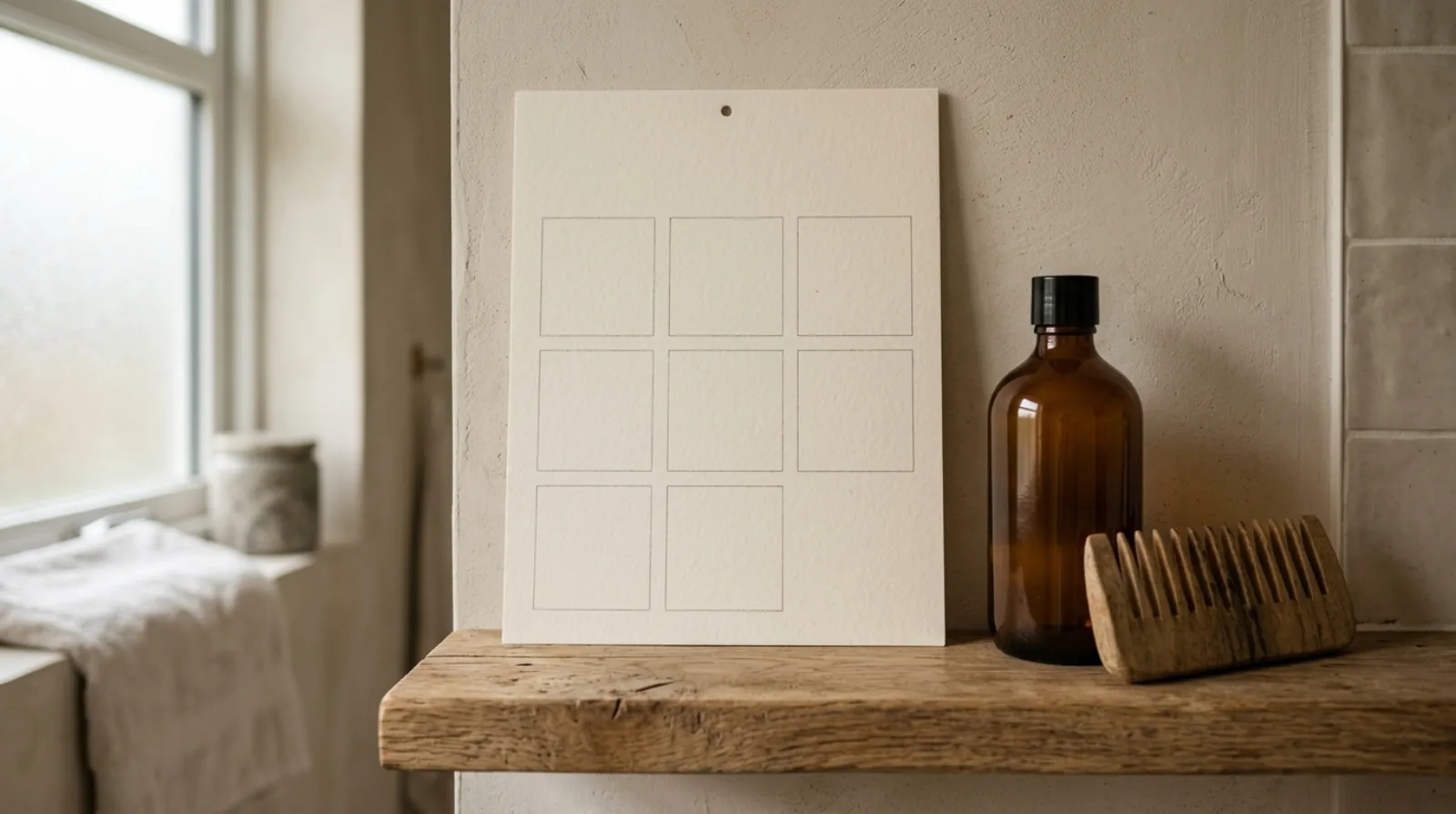 A paper wall calendar with seven blank squares propped on a wooden shelf beside an unlabelled shampoo bottle and a wide-tooth comb.