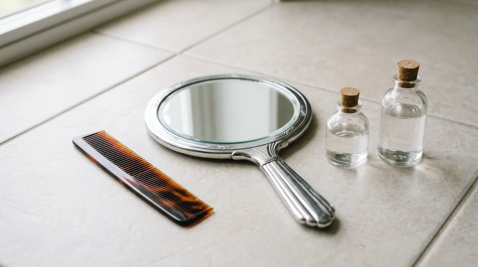 A polished metal hand mirror lying face up on pale tile next to a fine-tooth comb and two unlabelled glass bottles in daylight.