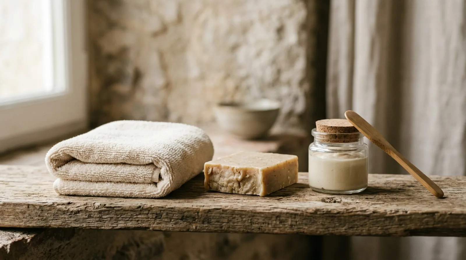 A folded microfibre towel, a bar of soap and a small glass jar with a wooden spatula on a rustic wood shelf