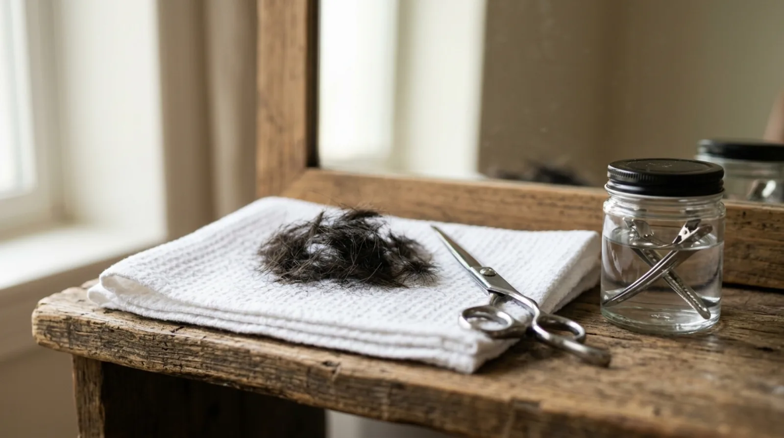 A small pile of trimmed hair clippings on a folded white towel beside hairdressing scissors and a glass jar on a wooden shelf