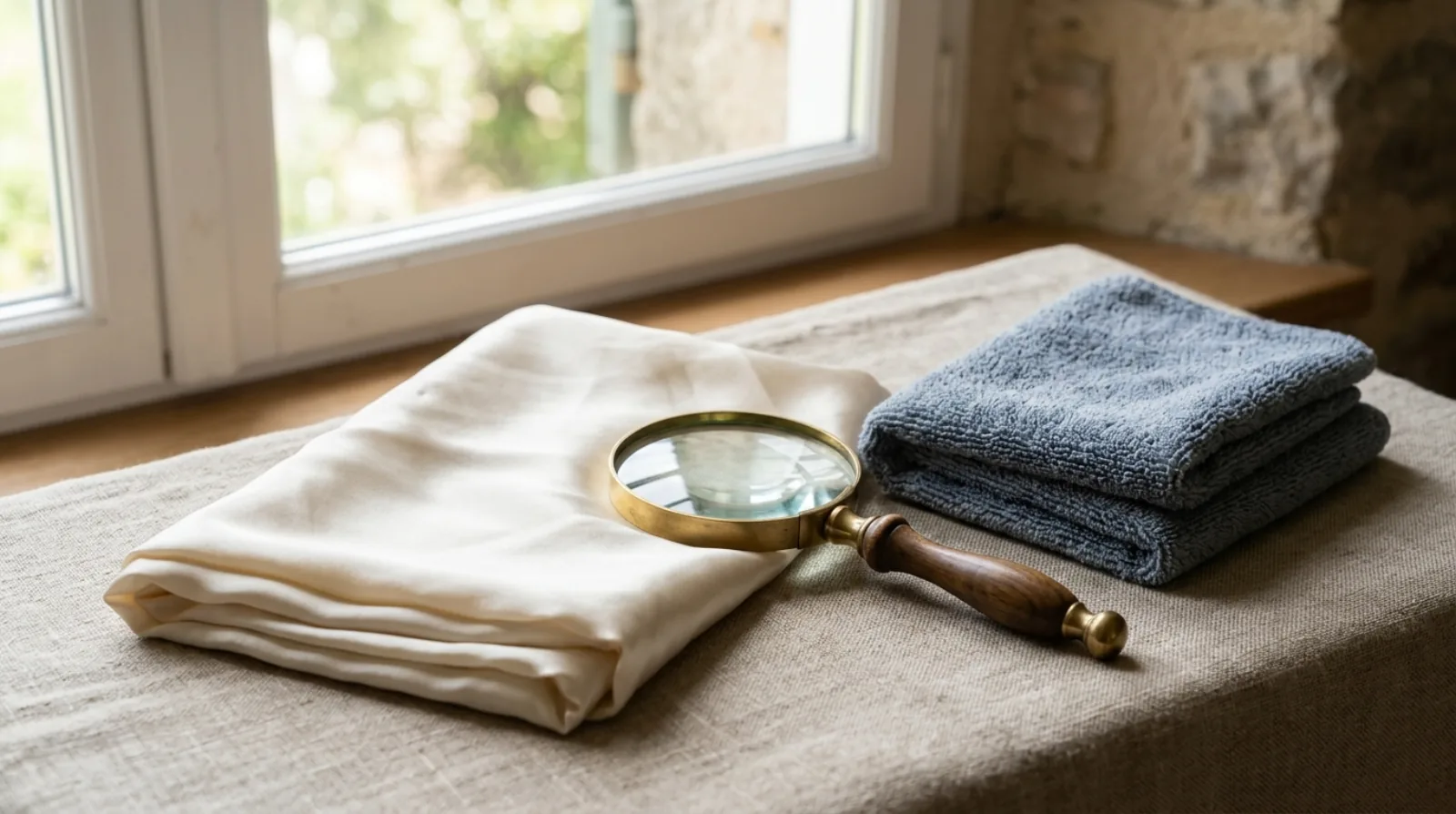 A brass magnifying glass, a folded satin pillowcase and a microfibre towel on beige linen near a window