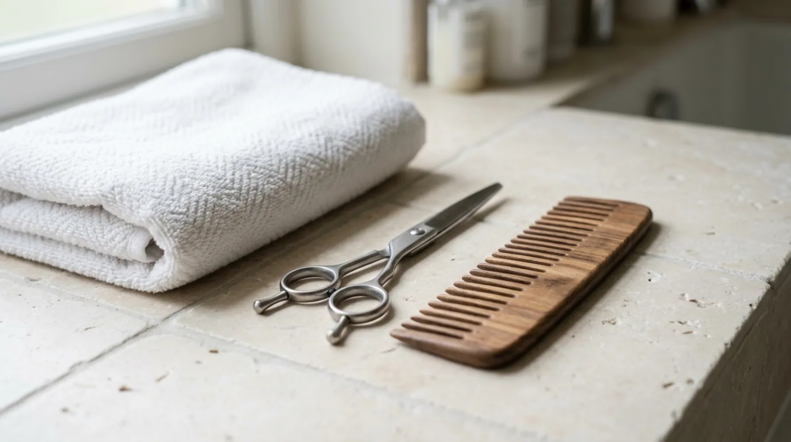 Hairdressing scissors, a wide-tooth wooden comb and a folded white towel arranged on pale tile in soft daylight, no packaging in view.