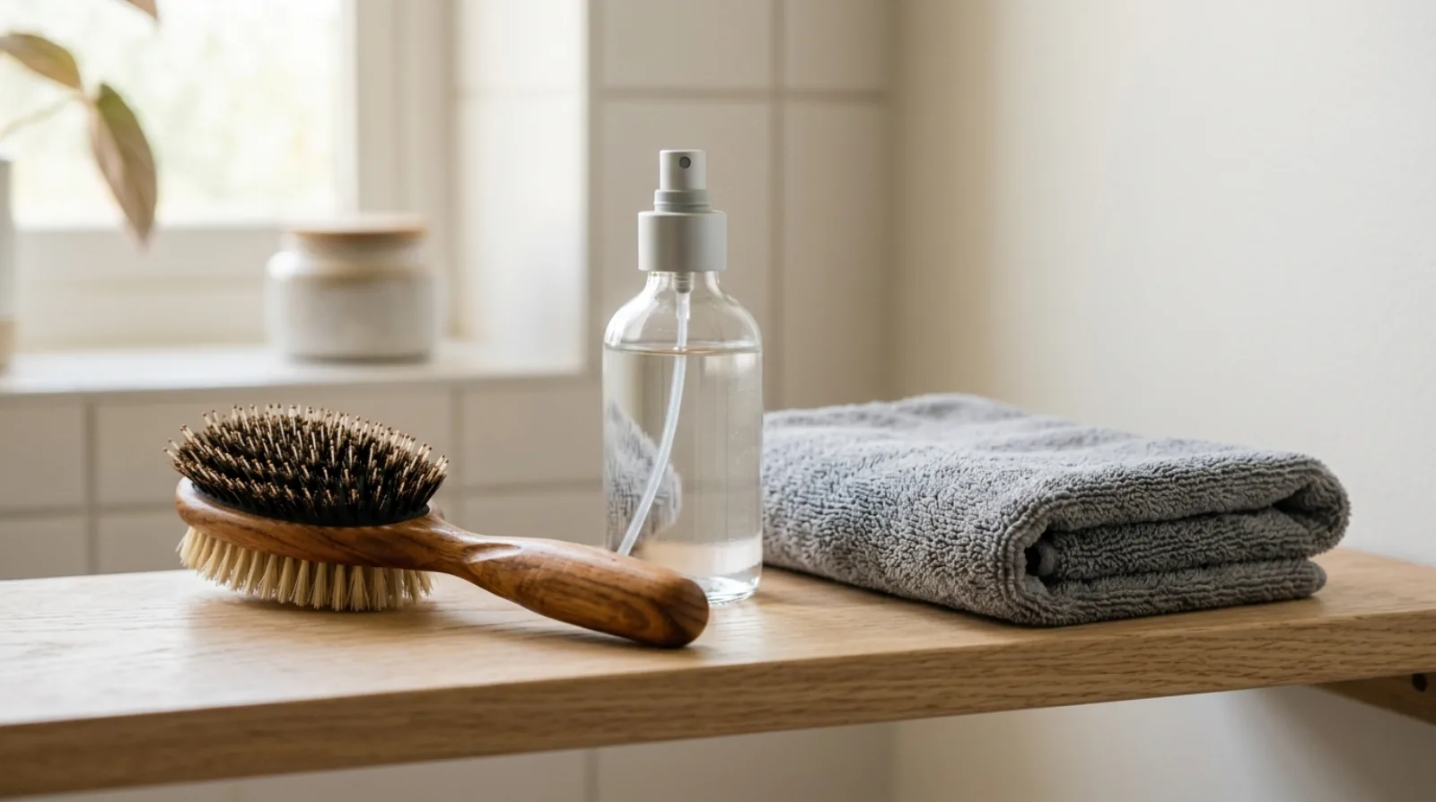 A round wooden hairbrush, a spray bottle and a folded grey microfibre towel on a light wood shelf in soft daylight