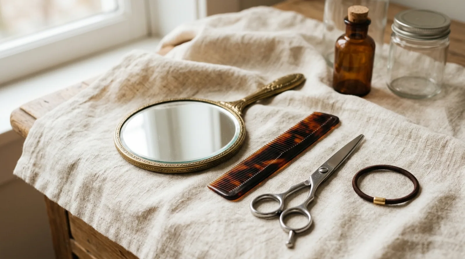 A small hand mirror lying face up on linen beside a fine-tooth comb, a pair of scissors and a single hair tie in daylight.
