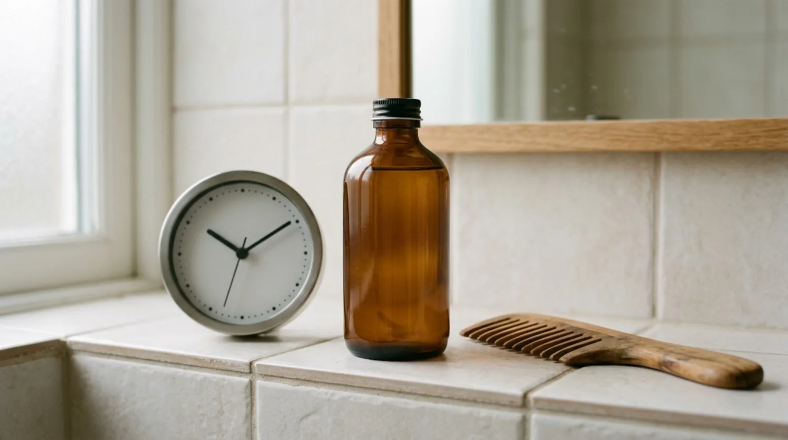 A small round wall clock beside an unlabelled shampoo bottle and a wide-tooth wooden comb on a pale tile bathroom shelf.