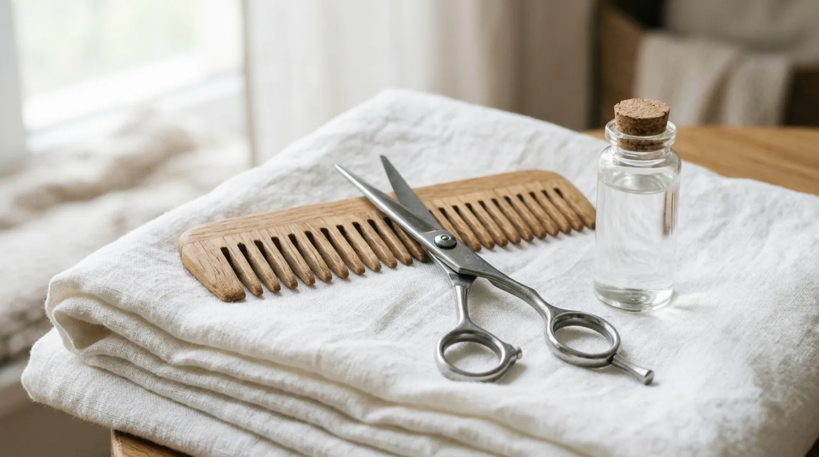 Hairdressing scissors and a wide-tooth wooden comb on folded white linen, beside a small unlabelled glass bottle in soft daylight.