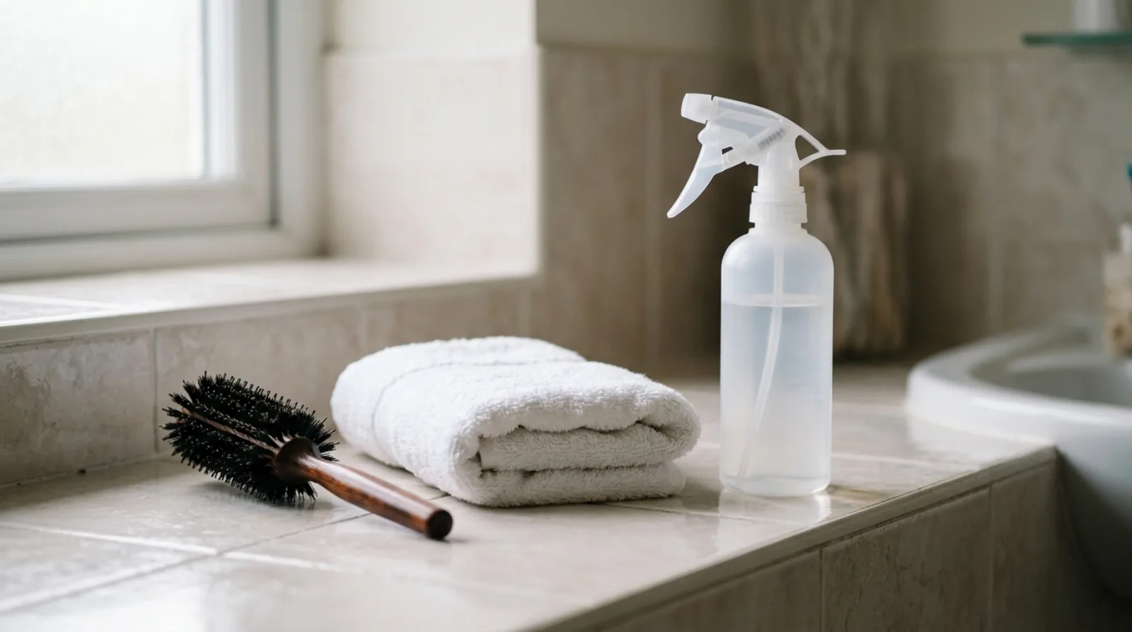 A round brush, a folded white towel and an unlabelled spray bottle arranged on a pale tiled bathroom shelf in soft morning light.