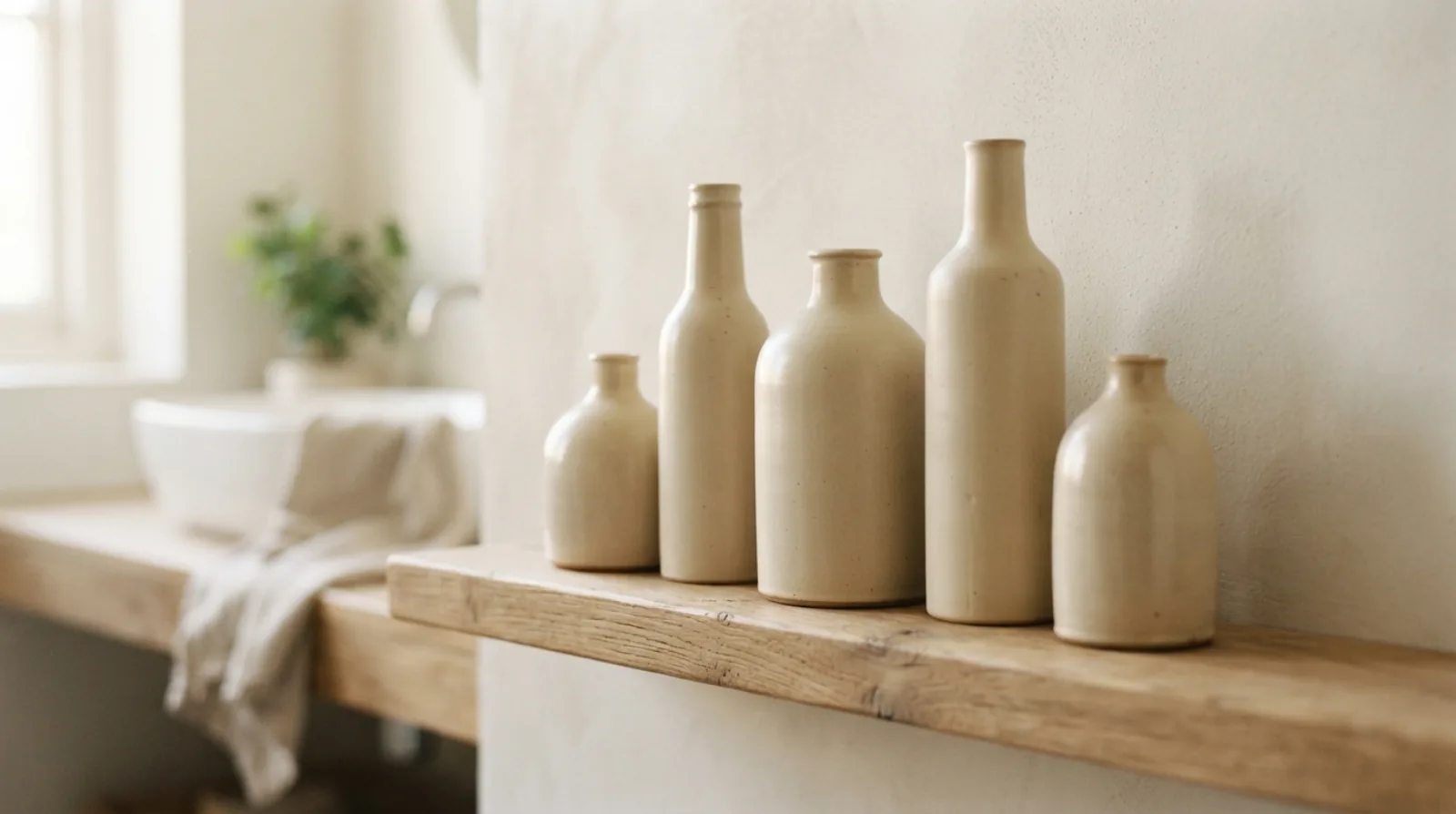 Five plain cream ceramic bottles of different heights standing on a wooden shelf against a pale wall, with a basin and a green plant blurred behind