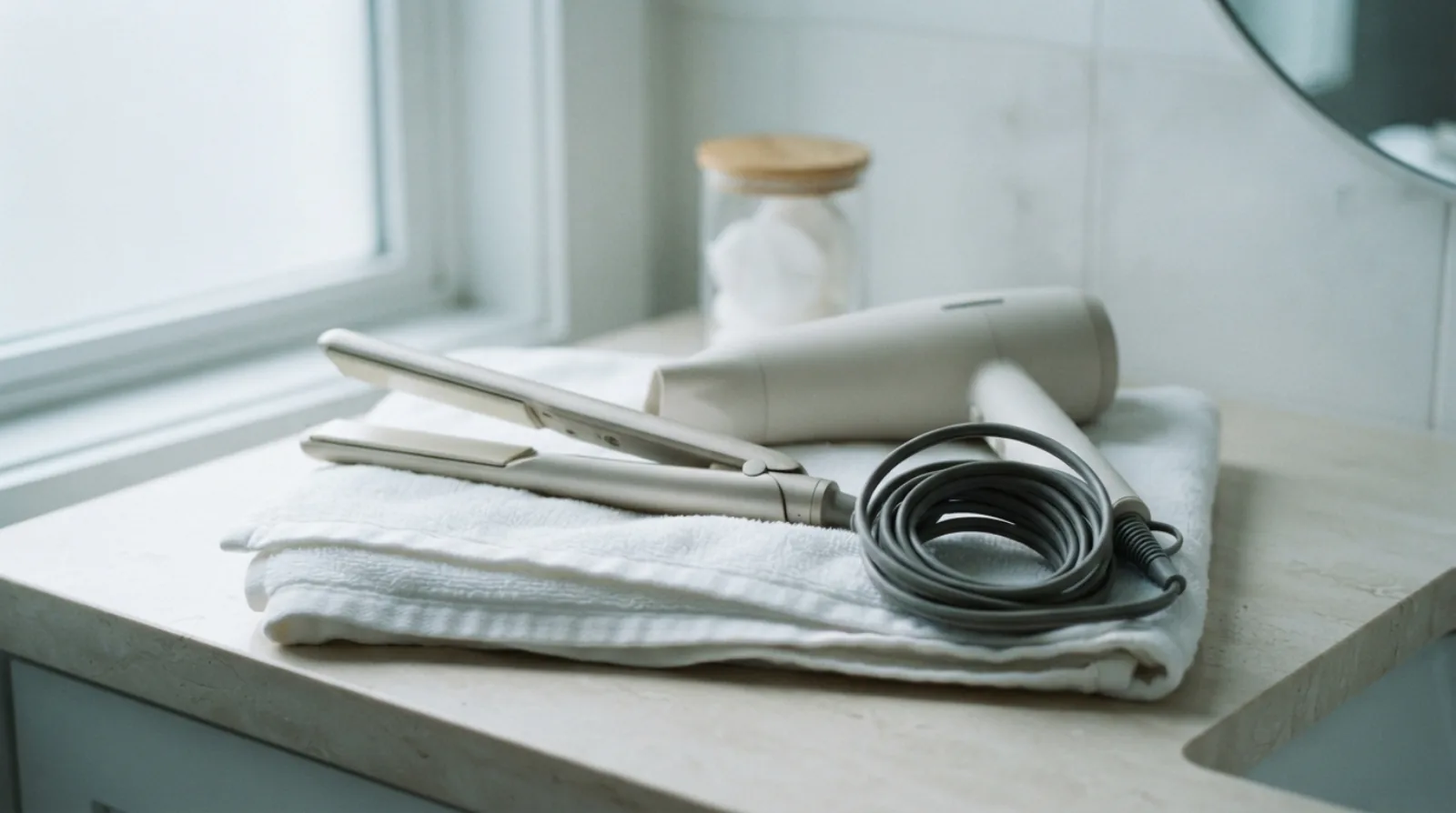 A flat iron and a hair dryer with a coiled grey cord resting on a folded white towel on a stone bathroom counter beside a window
