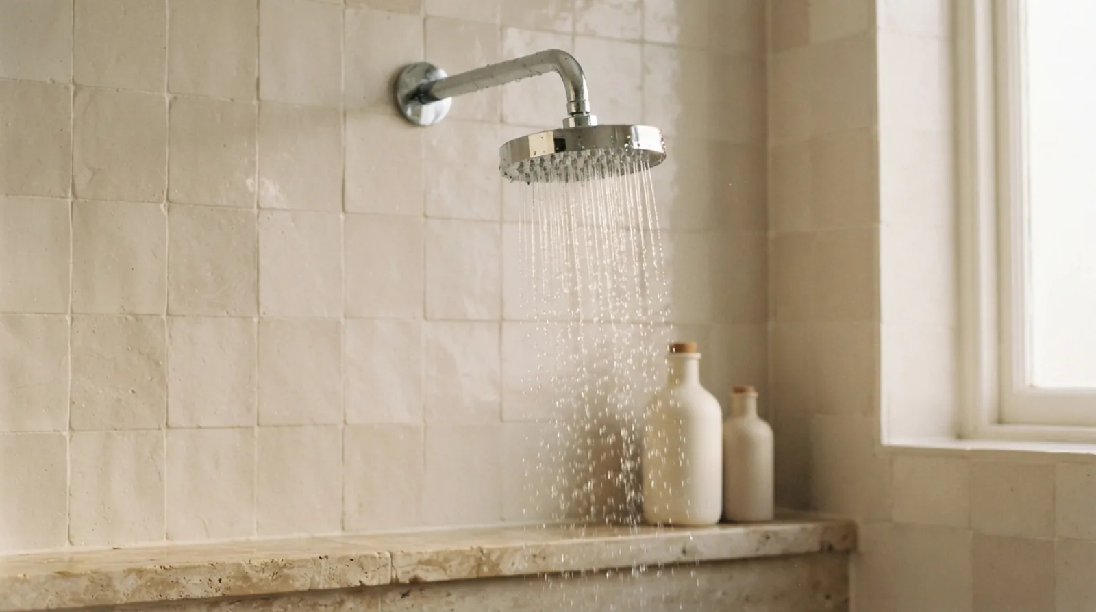 A round chrome rain shower head spraying water beside two plain white bottles on a stone ledge in a cream tiled shower with a window