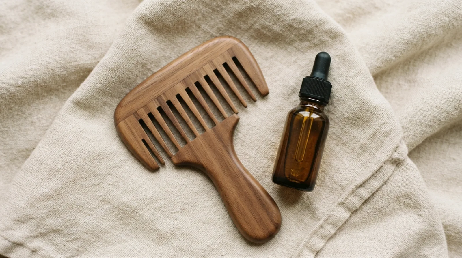 A wide-tooth wooden comb and a dropper bottle of scalp serum on a linen surface