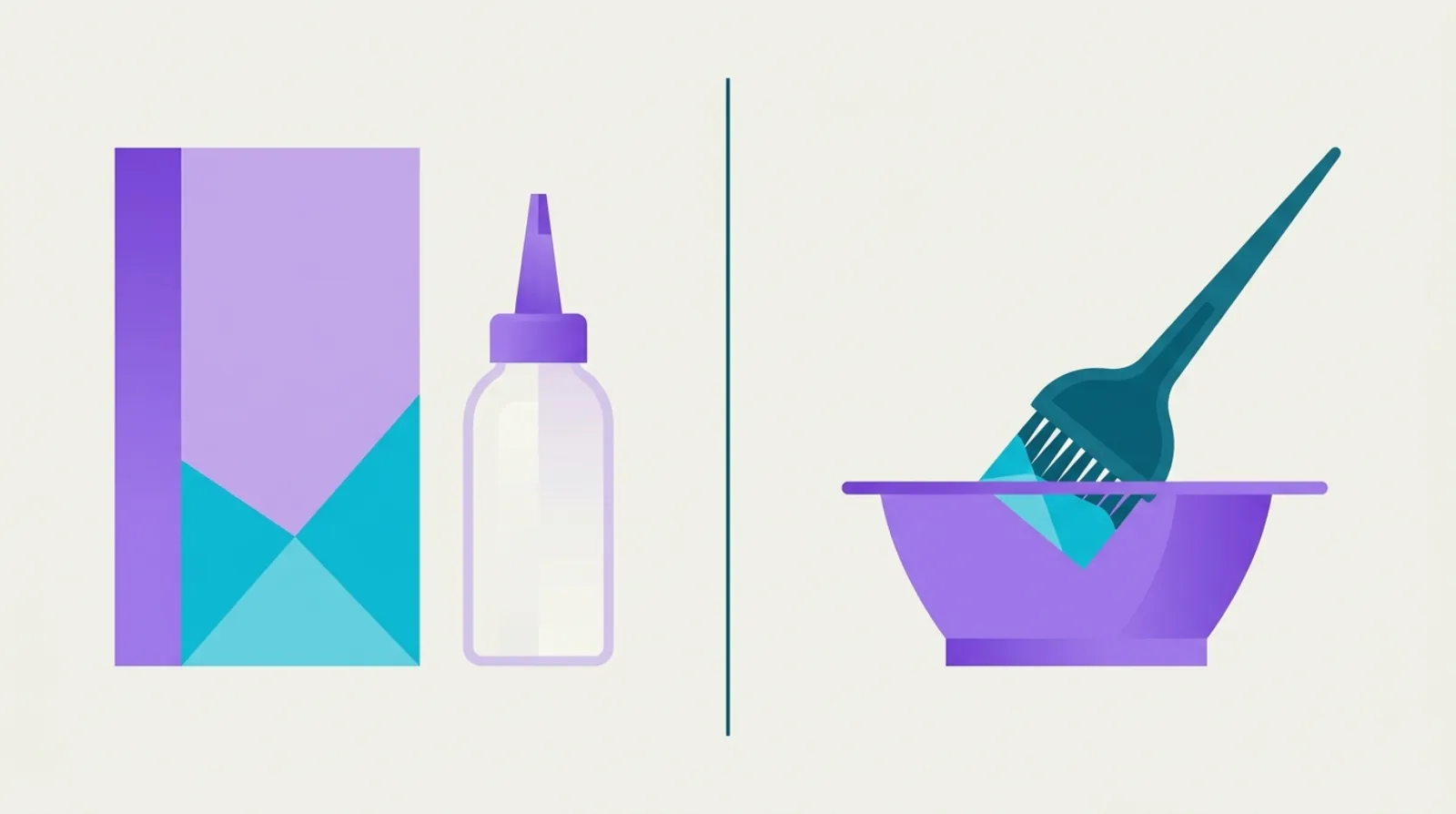 Flat illustration comparing a home hair colour box and kit with a professional salon colour bowl and brush.