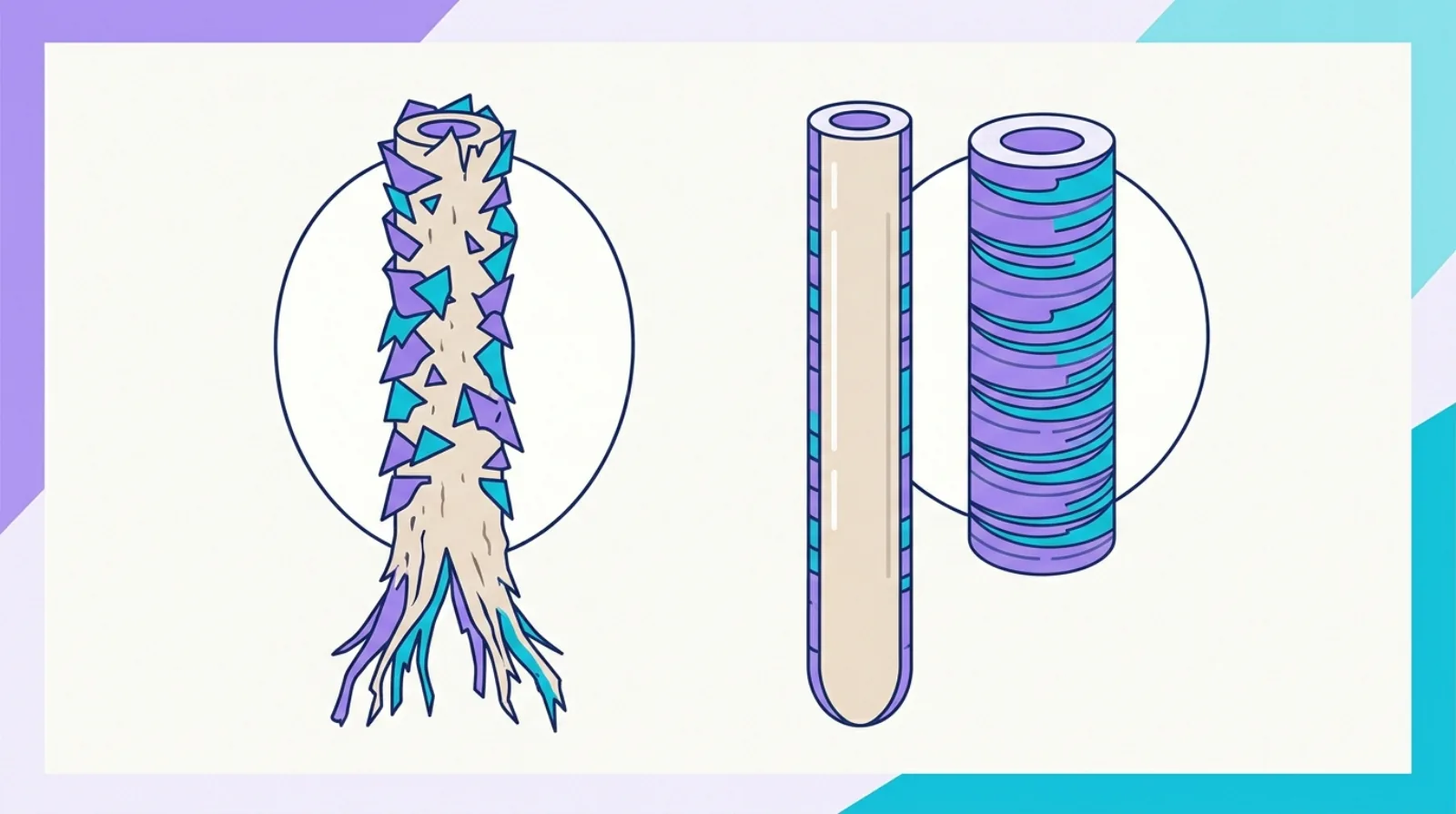 Flat illustration of a damaged hair strand with a raised cuticle beside a healthy strand with flat cuticle scales.