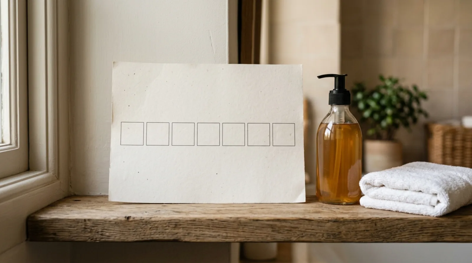 A paper wall calendar with seven blank squares standing beside an unlabelled pump bottle and a folded towel on a wooden shelf.
