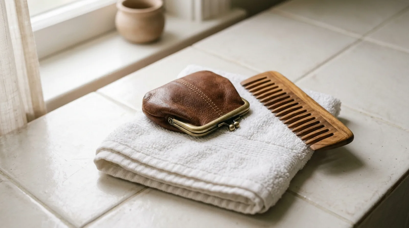 A small closed leather coin purse, a wooden wide-tooth comb and a folded white towel on pale tile in soft window light