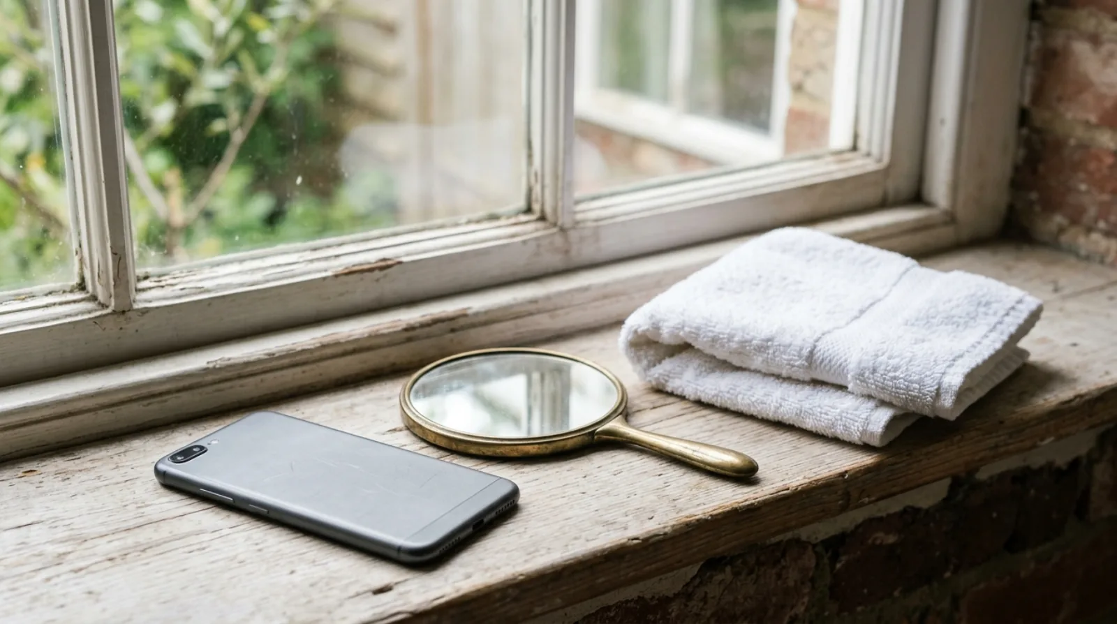 A phone lying face down on a windowsill beside a small hand mirror and a folded white towel in soft daylight.