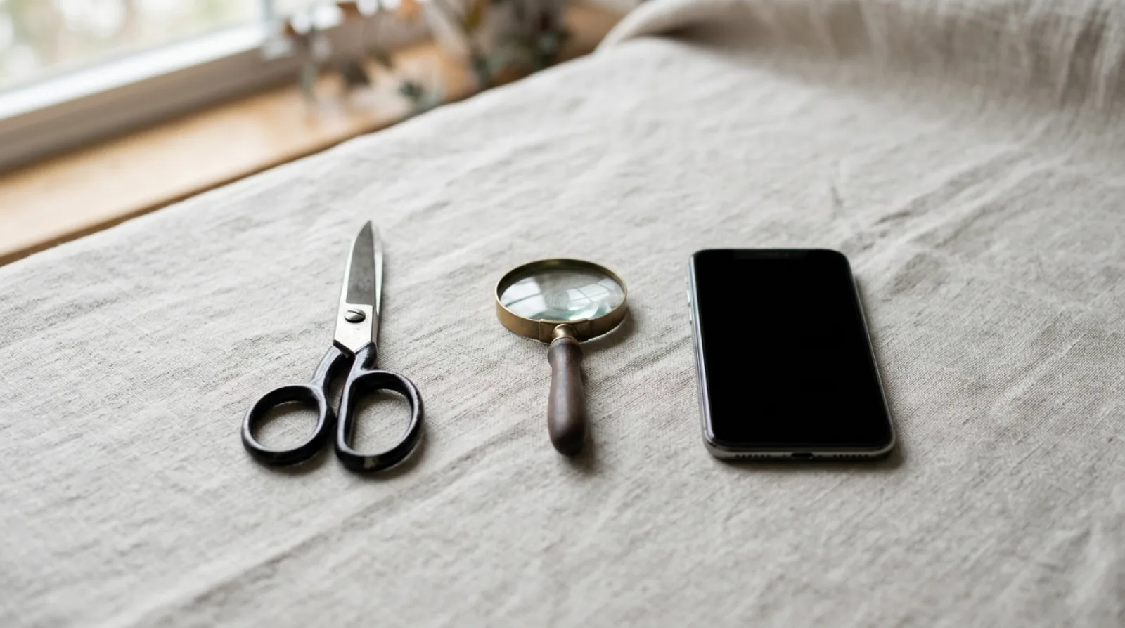 Three objects in a row on pale linen: a pair of cutting scissors, a small magnifying lens, and a phone lying face up with a blank screen.