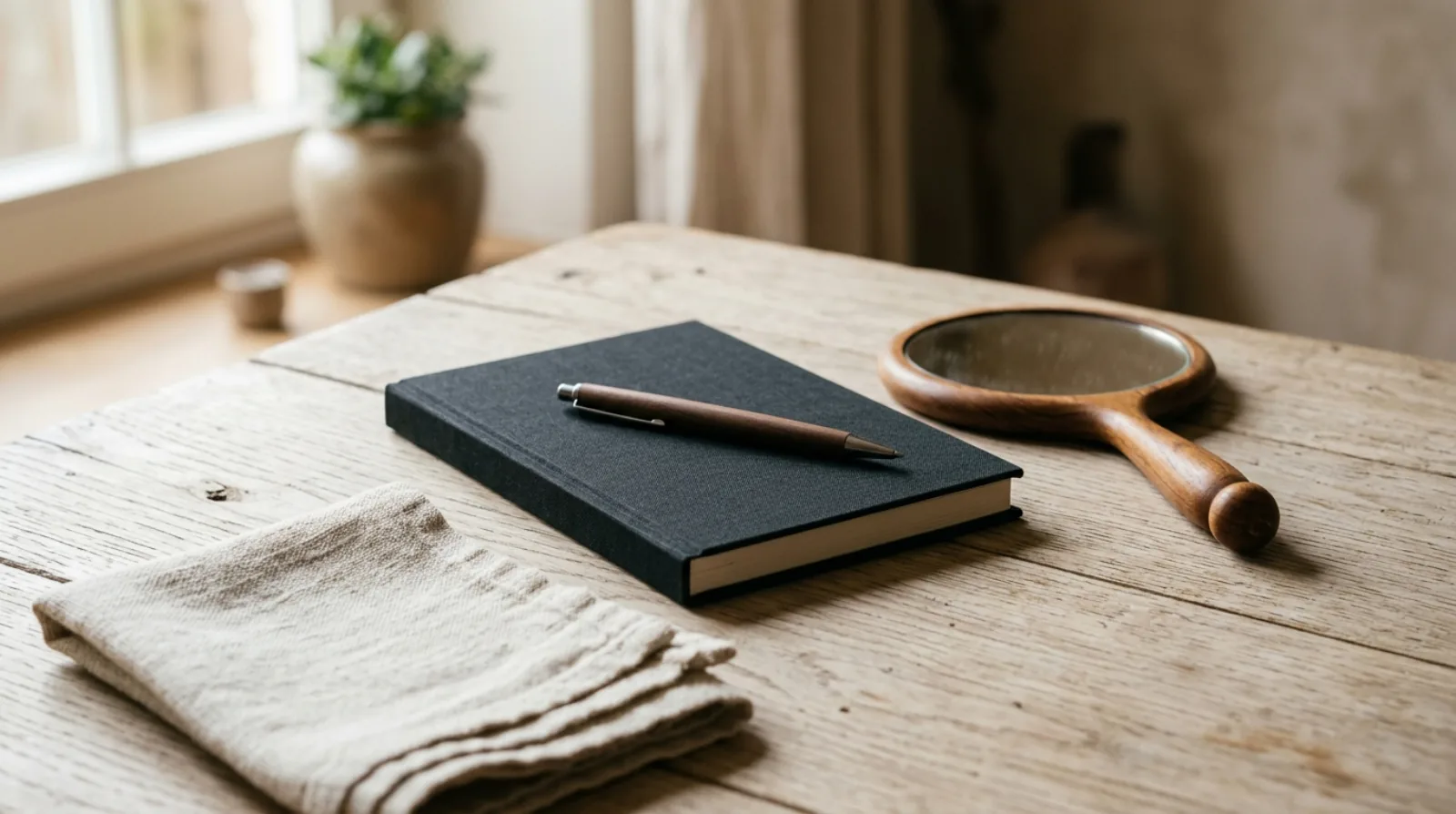 A closed notebook with a pen, a hand mirror lying face down and a folded linen towel on pale wood in soft window light