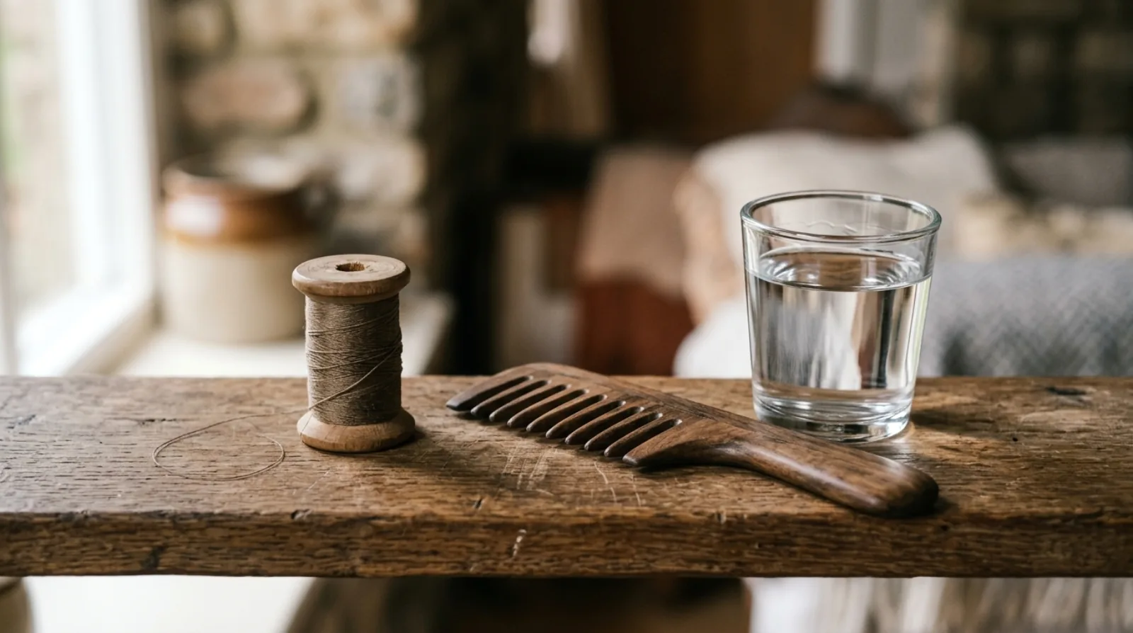 A single strand of hair laid beside a reel of sewing thread, a wide-tooth comb and a small glass of water on a wooden shelf.