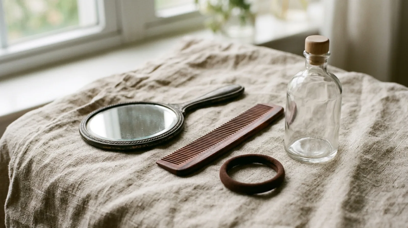 A small hand mirror lying face down on linen beside a fine-tooth comb, one loose hair tie and an unlabelled glass bottle in daylight.