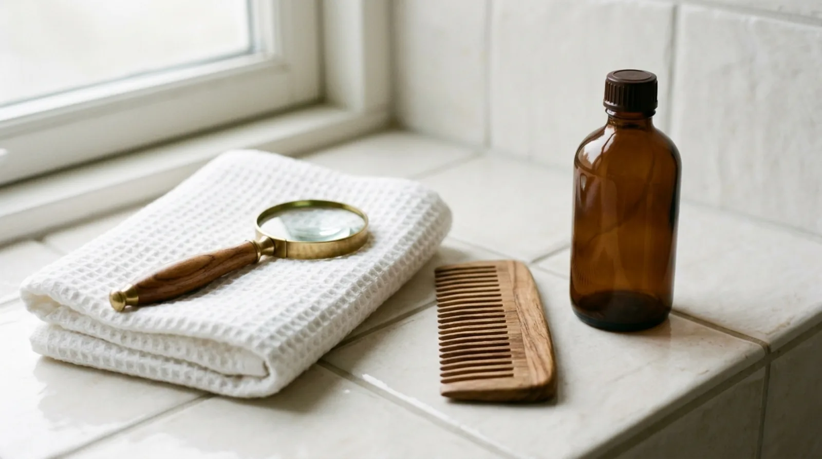 A small magnifying glass on a folded white towel beside a wide-tooth wooden comb and an unlabelled amber glass bottle on pale tile.