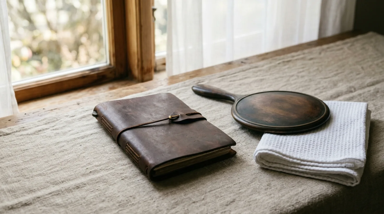 A closed dark leather notebook, a hand mirror lying face down and a folded white towel on beige linen near a window