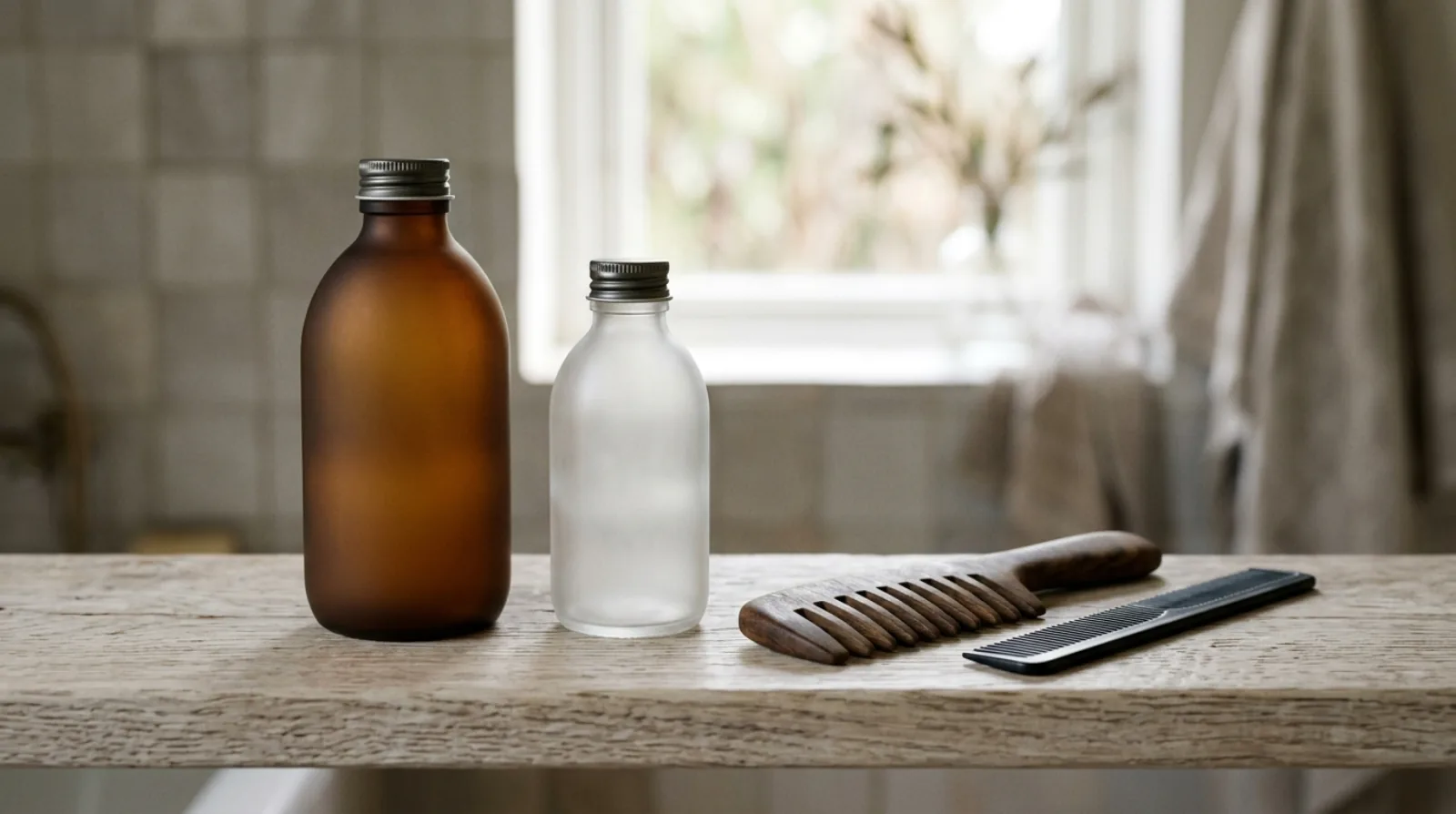 Two unlabelled shampoo bottles of different sizes beside a wide-tooth comb and a fine-tooth comb on a pale wooden shelf.