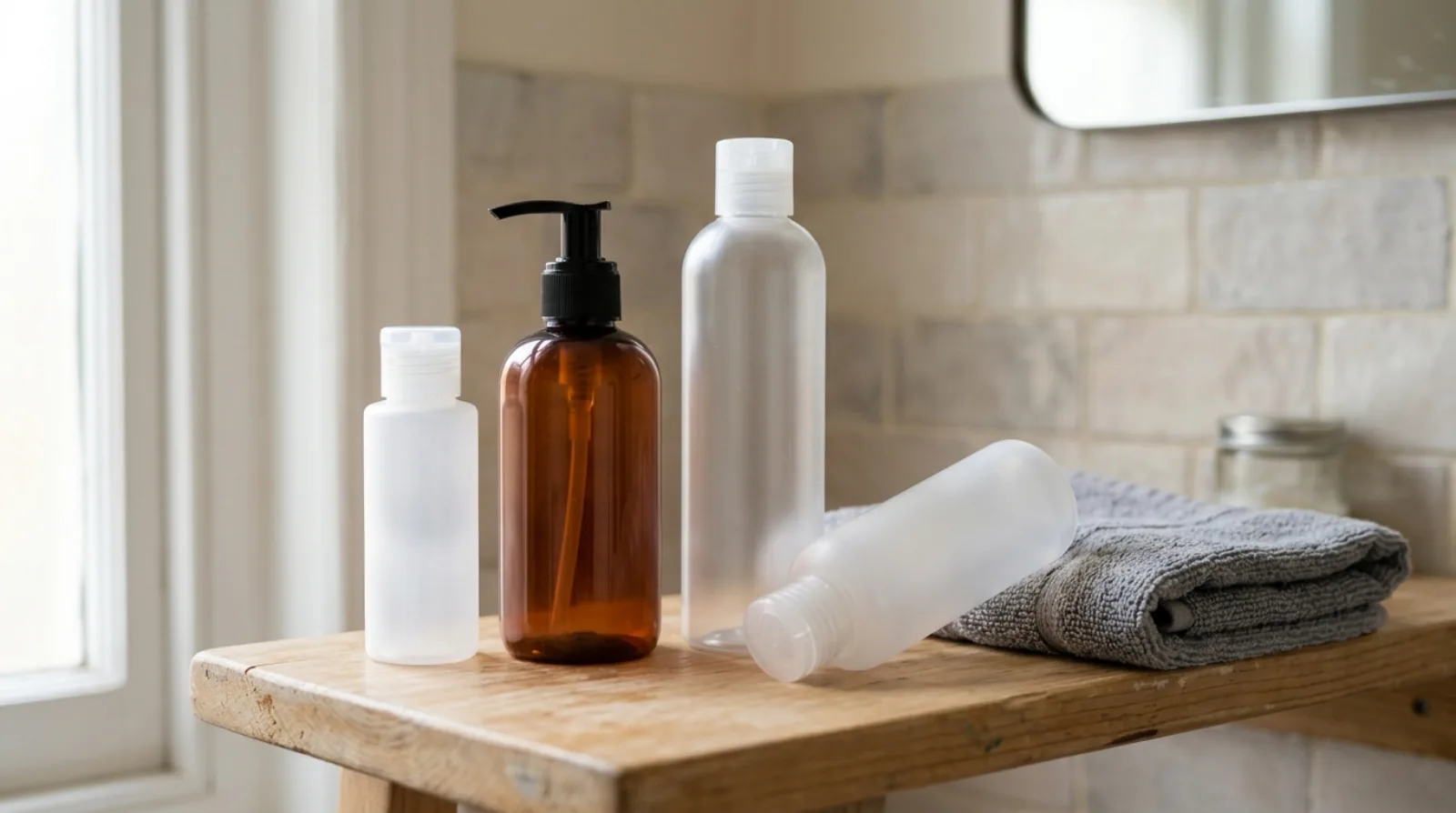 Four unlabelled plastic bottles standing on a bathroom shelf beside a folded grey towel, one bottle tipped on its side.