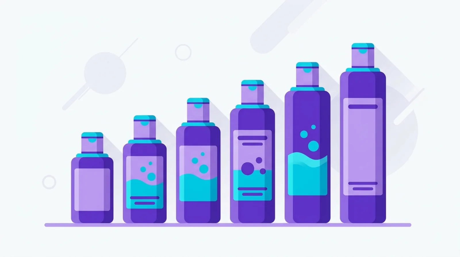 Flat vector illustration of shampoo bottles arranged as ascending bar chart columns