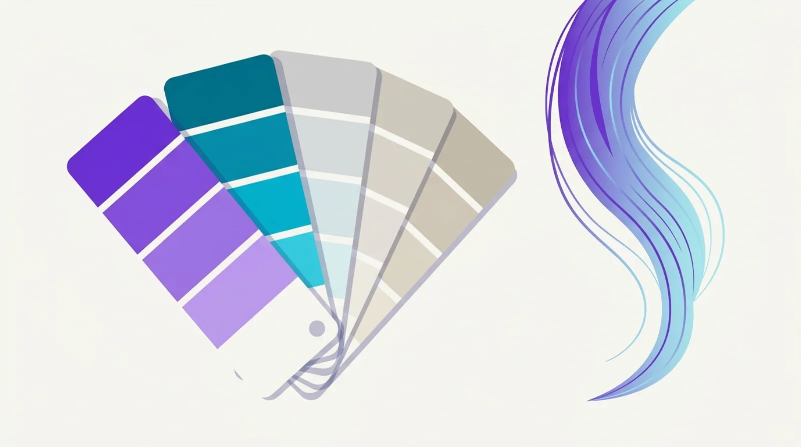 Flat vector illustration of colour swatch cards fanned out beside a strand of hair
