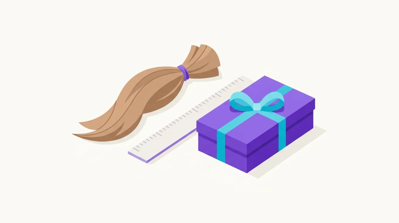 Flat vector illustration of a measured ponytail beside a gift box and a child's wig stand