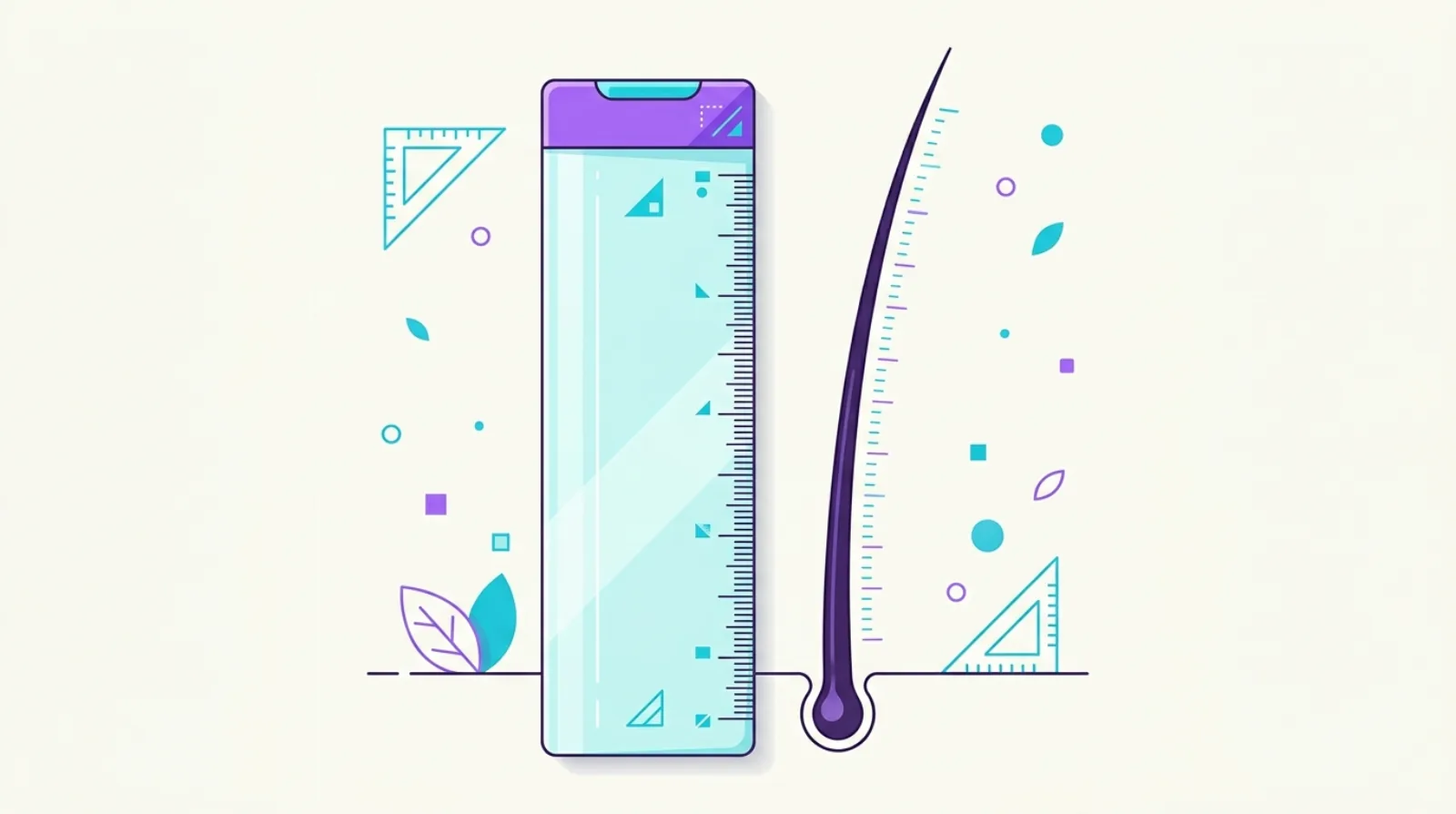 Flat vector illustration of a ruler beside a growing hair strand with measurement ticks