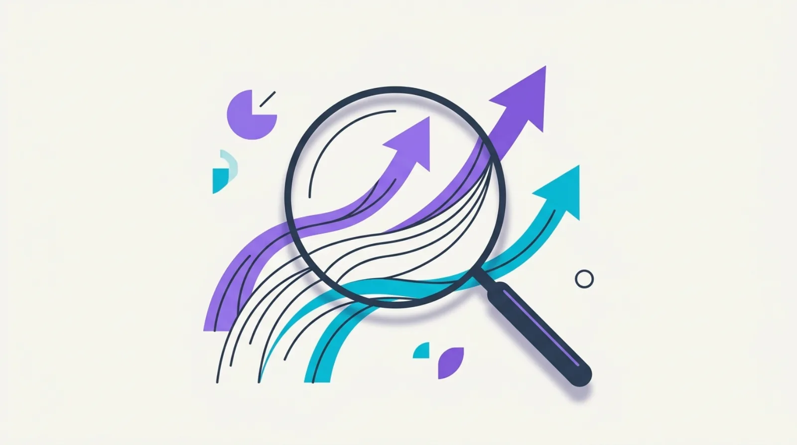 Flat vector illustration of a magnifying glass over rising trend arrows made of hair strands