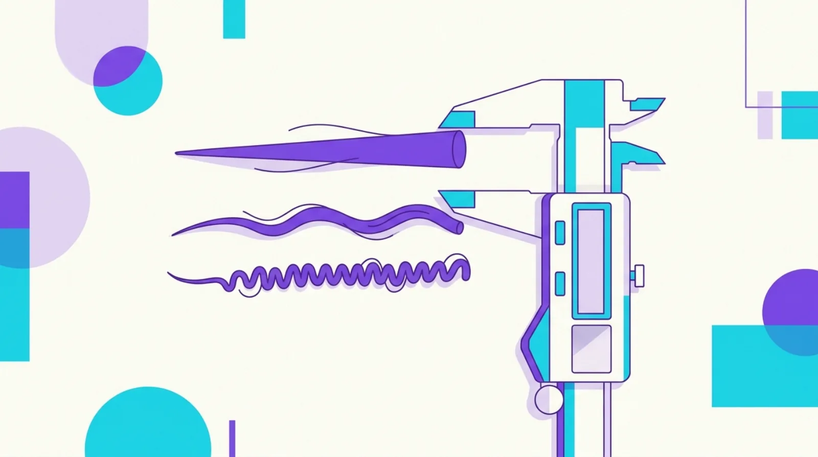 Flat vector illustration of straight, wavy and coiled hair strands beside measurement calipers