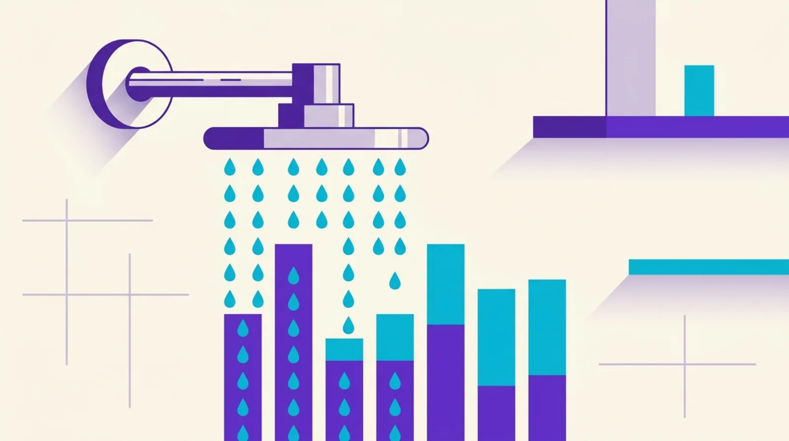 Flat vector illustration of a shower head with water drops forming a bar chart