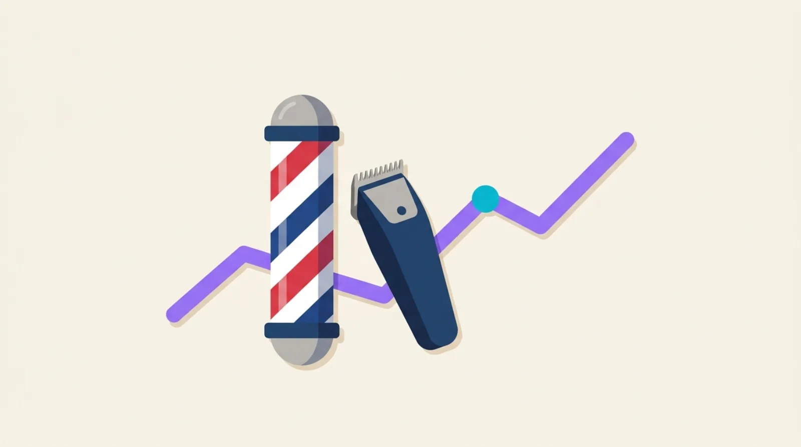Flat vector illustration of a barber pole, clippers and a rising chart line