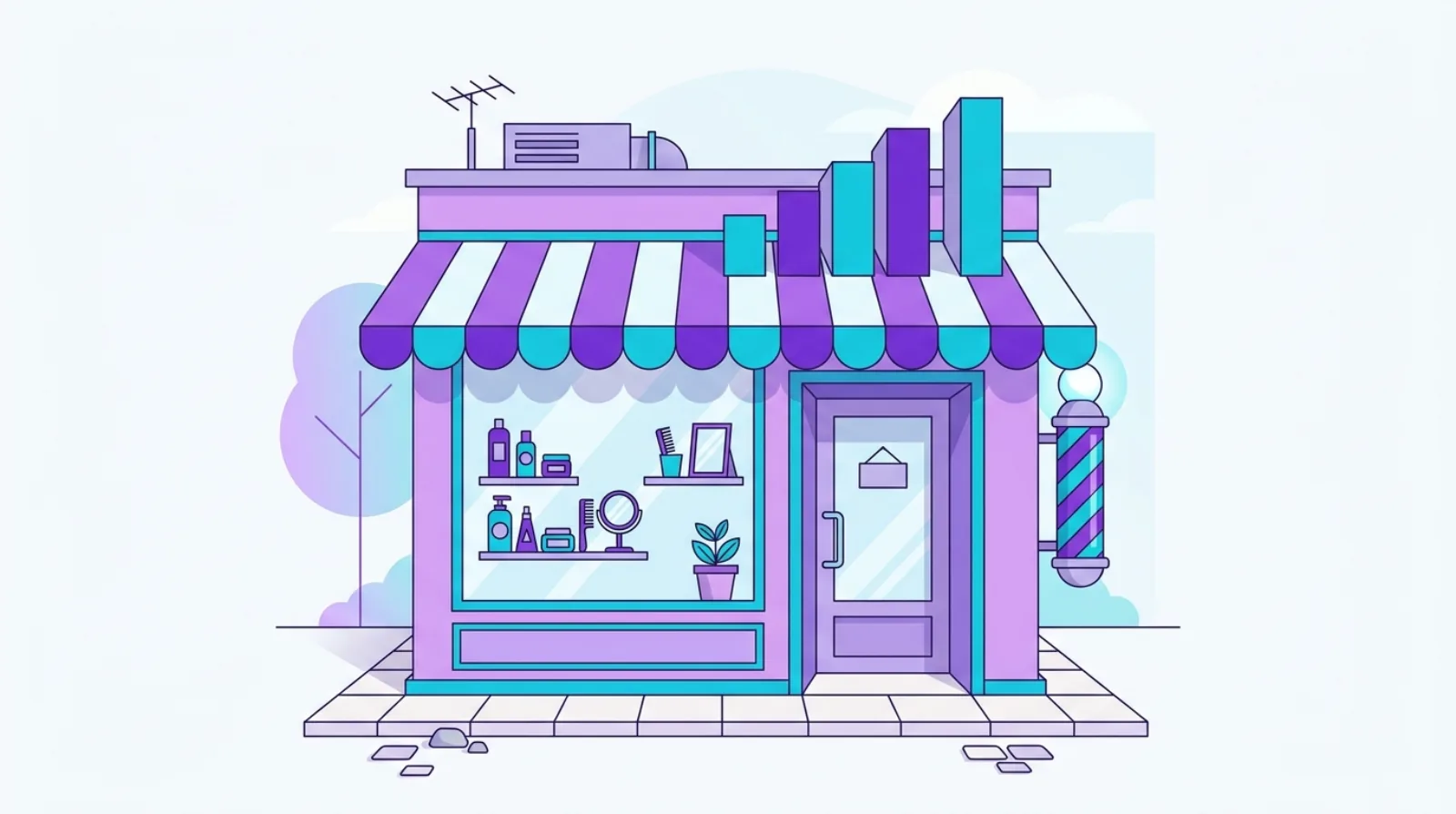 Flat vector illustration of a salon storefront with a barber pole and a bar chart awning